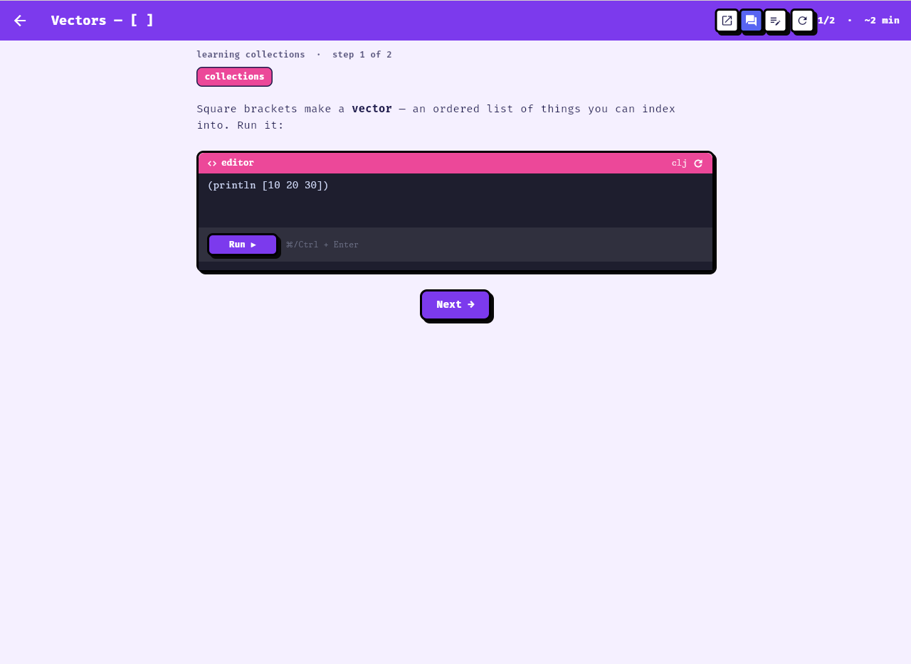 A lesson: a short explanation above a live, pre-filled code editor you can Run